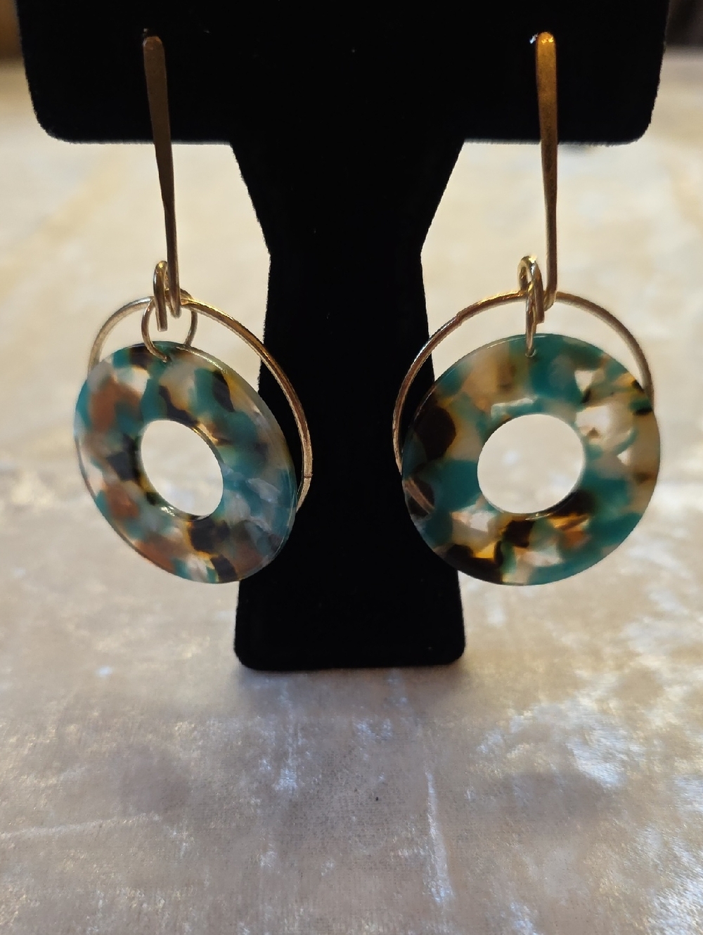 Gold Hoop Boho Chic Festival Earrings with Teal and Brown Resin Donut Pendants